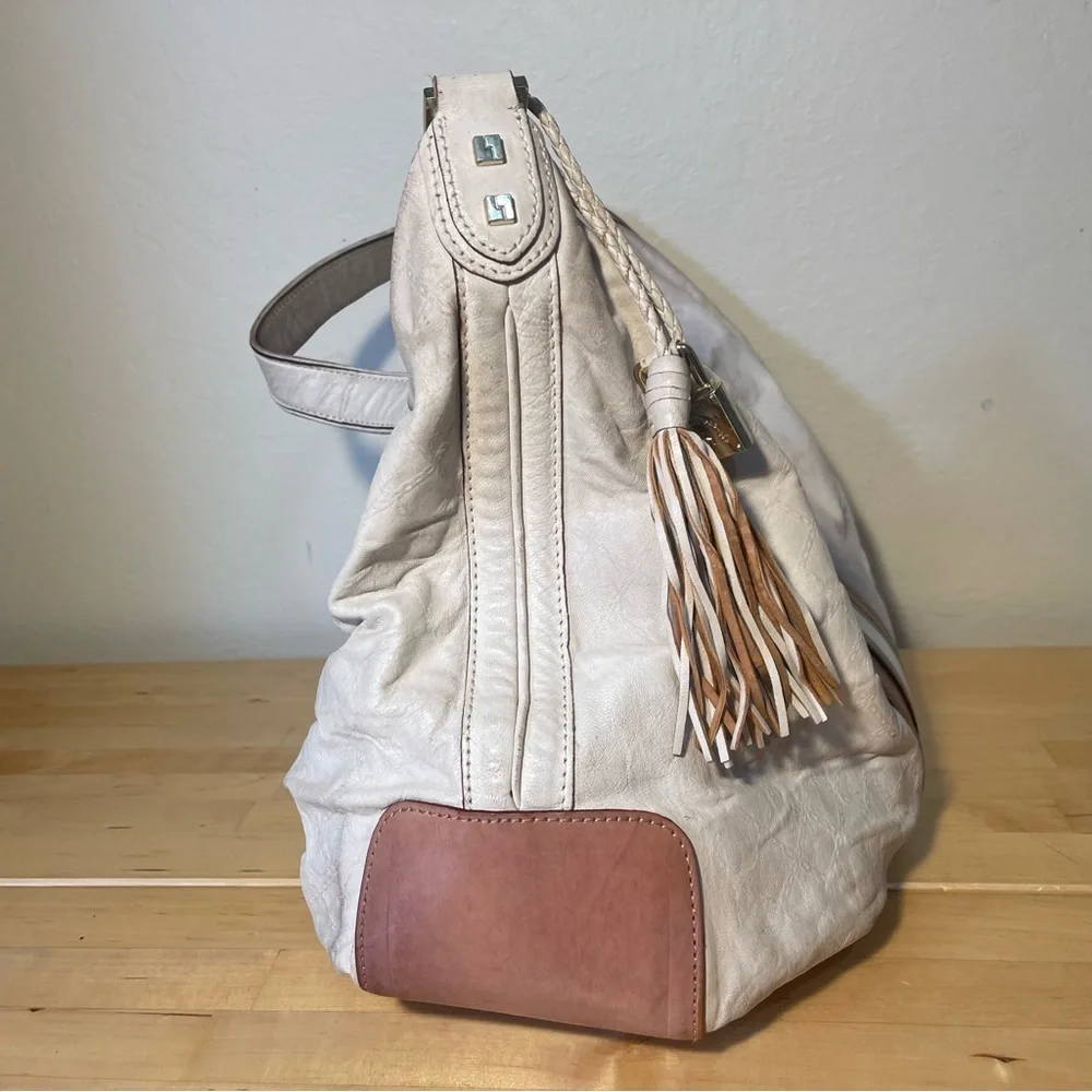 L.A.M.B. White Leather Hobo with Tan and Black Stripes